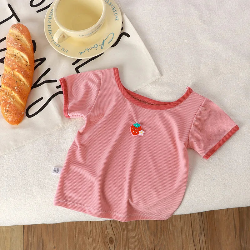 Striped Square Collar Baby Girl Summer Tee – MINISO Short Sleeve Casual Top for Ages 3M–5Y Shello's Creative Boutique