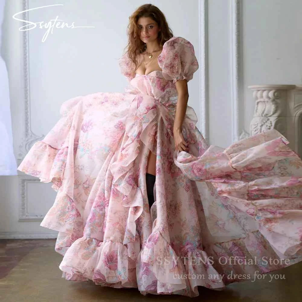Chic Print Formal Party Dresses Puff Sleeves Ruffle Tulle Junior Pageant Senior Prom Gowns Gala Evening Event Customized Dress