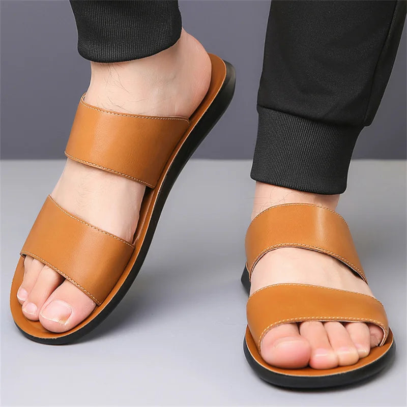 Men's Luxury Leather - Non-Slip Beach Sandals & Flat Casual Slides (Large Size 48) - Shello's Creative Boutique