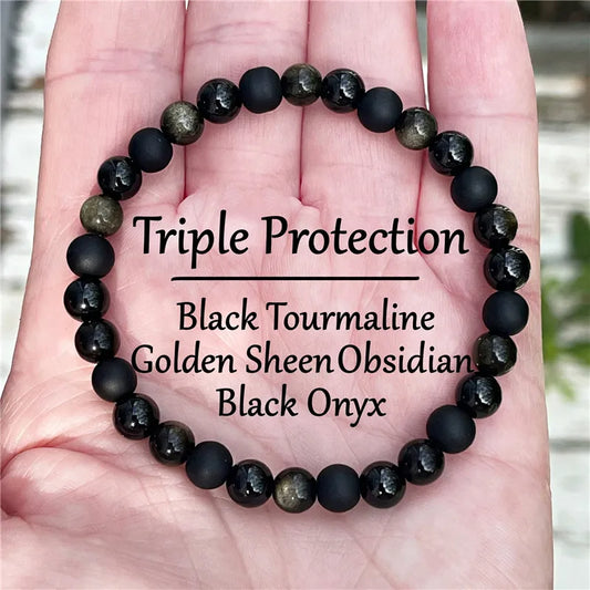Black Natural Stone & Golden Obsidian Adjustable Bead Bracelet – Unisex Crystal Jewellery