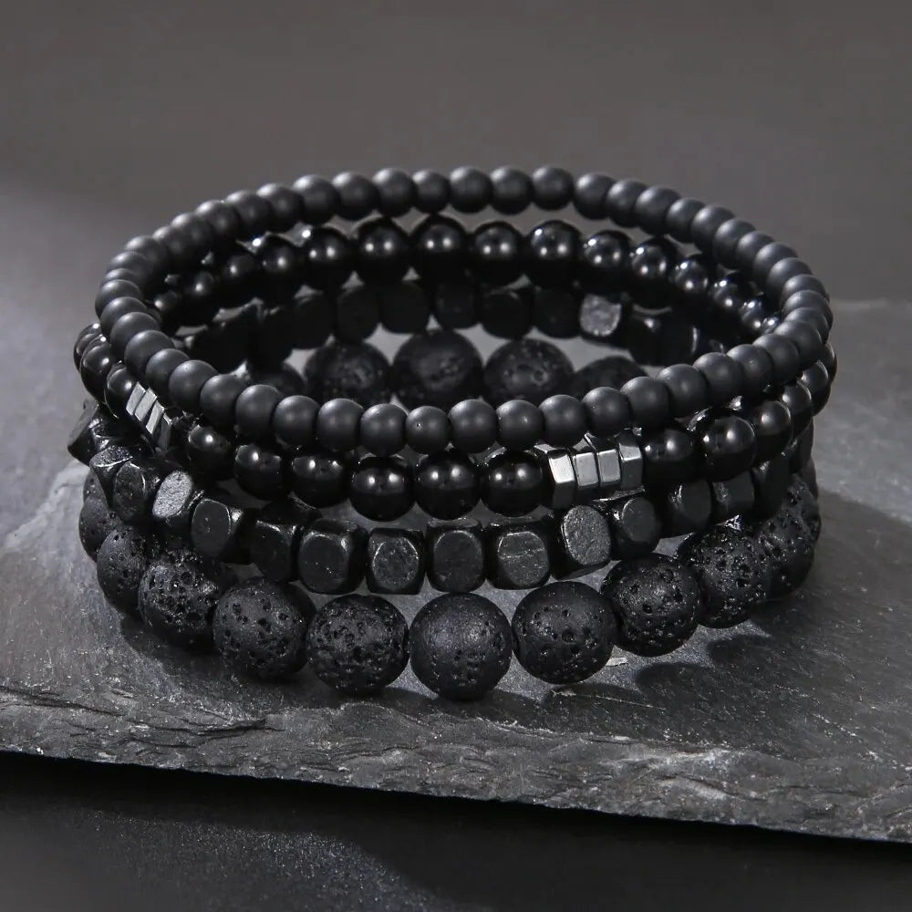 4-Piece Black Stone & Wood Bead Elastic Bracelet Set – Men's & Couples Jewellery
