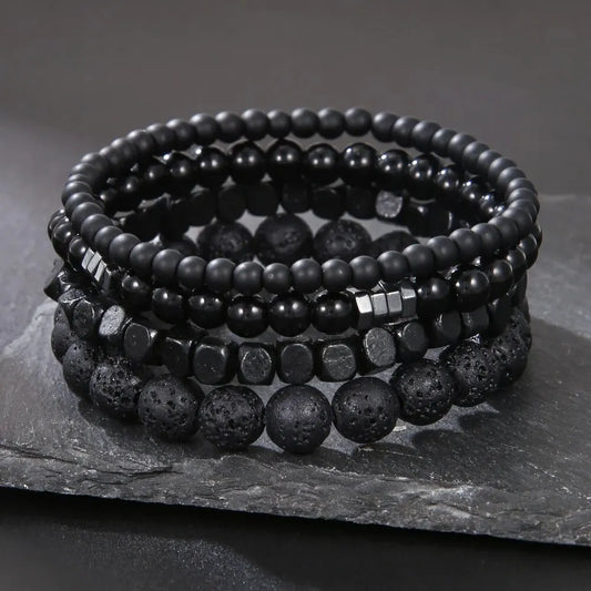 4-Piece Black Stone & Wood Bead Elastic Bracelet Set – Men's & Couples Jewellery