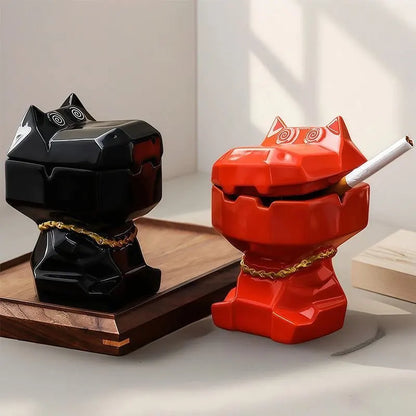 Dog Shaped Ceramic Ashtray with Lid – Windproof Cute Animal Figurine Décor