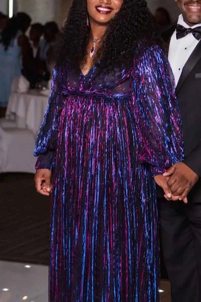 Plus Size Formal Multicolor Pleated V Neck Long Sleeves Maxi Dress