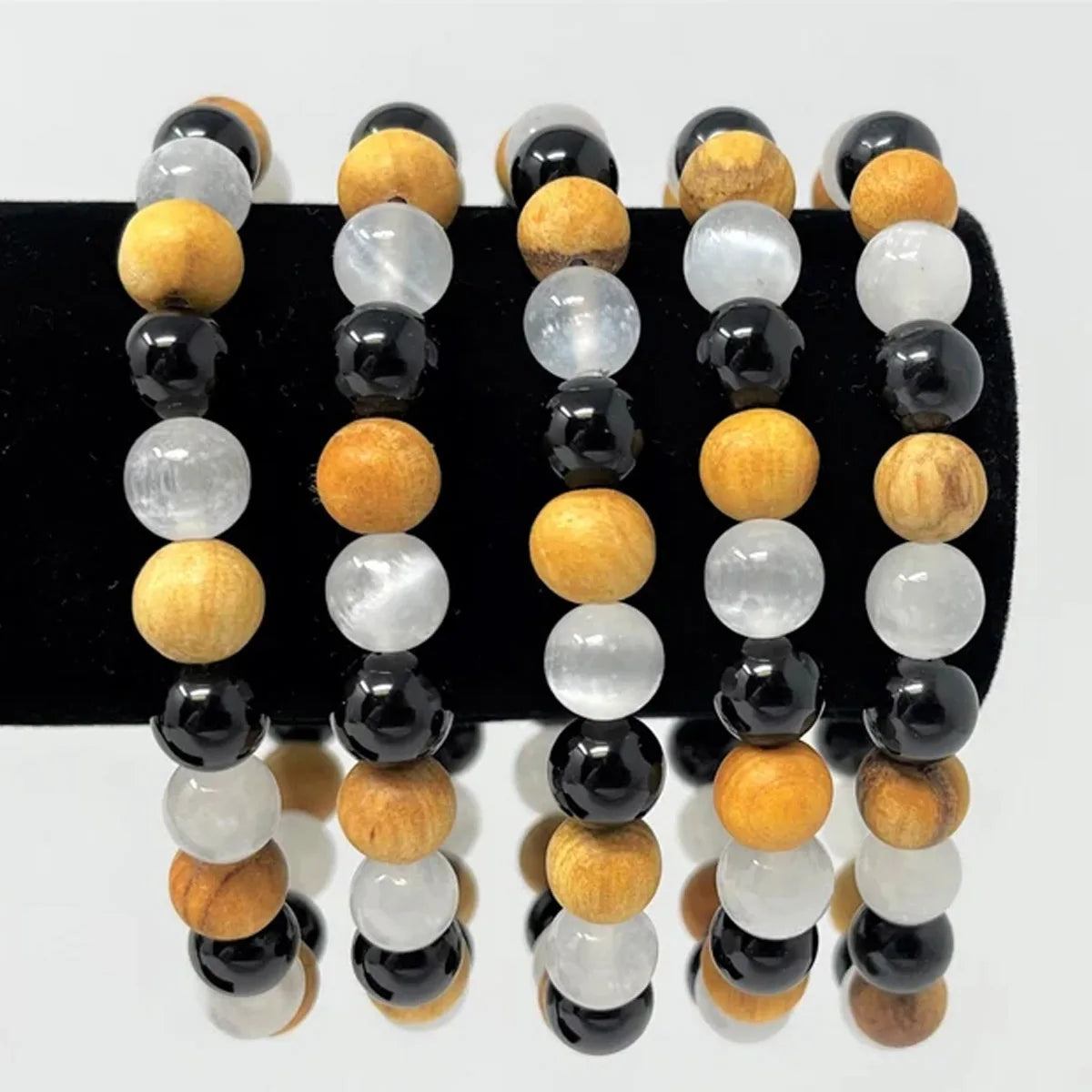 8mm Black Tourmaline, Selenite & Palo Santo Wood Beaded Bracelet