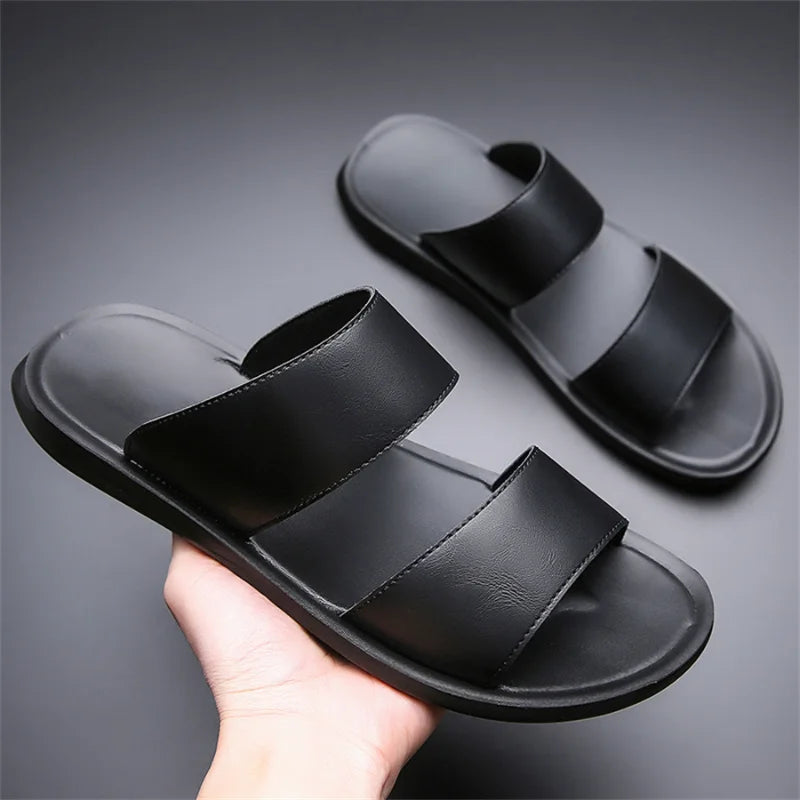 Men's Luxury Leather - Non-Slip Beach Sandals & Flat Casual Slides (Large Size 48) - Shello's Creative Boutique