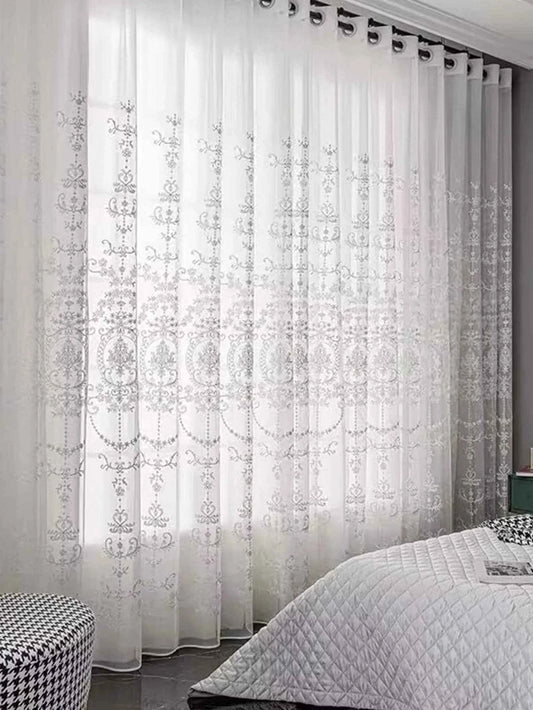White Embroidered Floral Sheer Curtains - Elegant Voile Drapes for Living Room & Bedroom