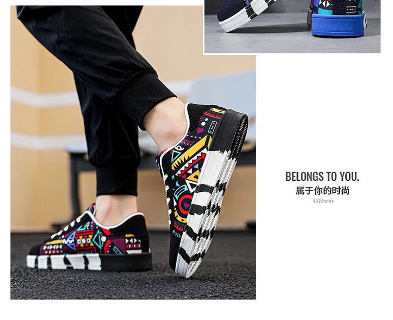 YRZL Men's Sports Running Shoes Canvas Geometric Style Lace-Up Sneakers Couples' Fashionable Graffiti Print Skate Shoes Men Shello's Creative Boutique