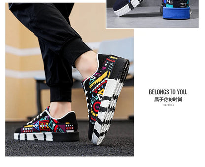 YRZL Men's Sports Running Shoes Canvas Geometric Style Lace-Up Sneakers Couples' Fashionable Graffiti Print Skate Shoes Men Shello's Creative Boutique
