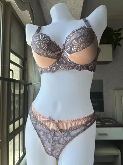 Sexy Lace Push-Up Bra & Thong Set – Plus Size Underwire Lingerie for Women, Patchwork Lace Everyday Comfort