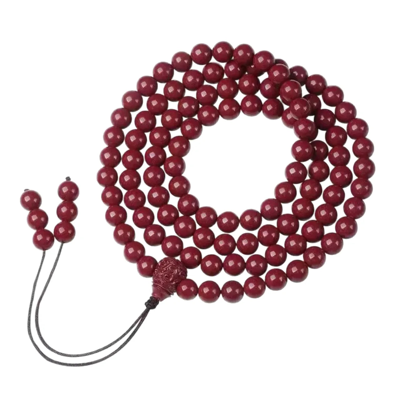 Natural Cinnabar & Red Sandalwood 108 Bead Buddhist Rosary – Lucky Prayer Bracelet