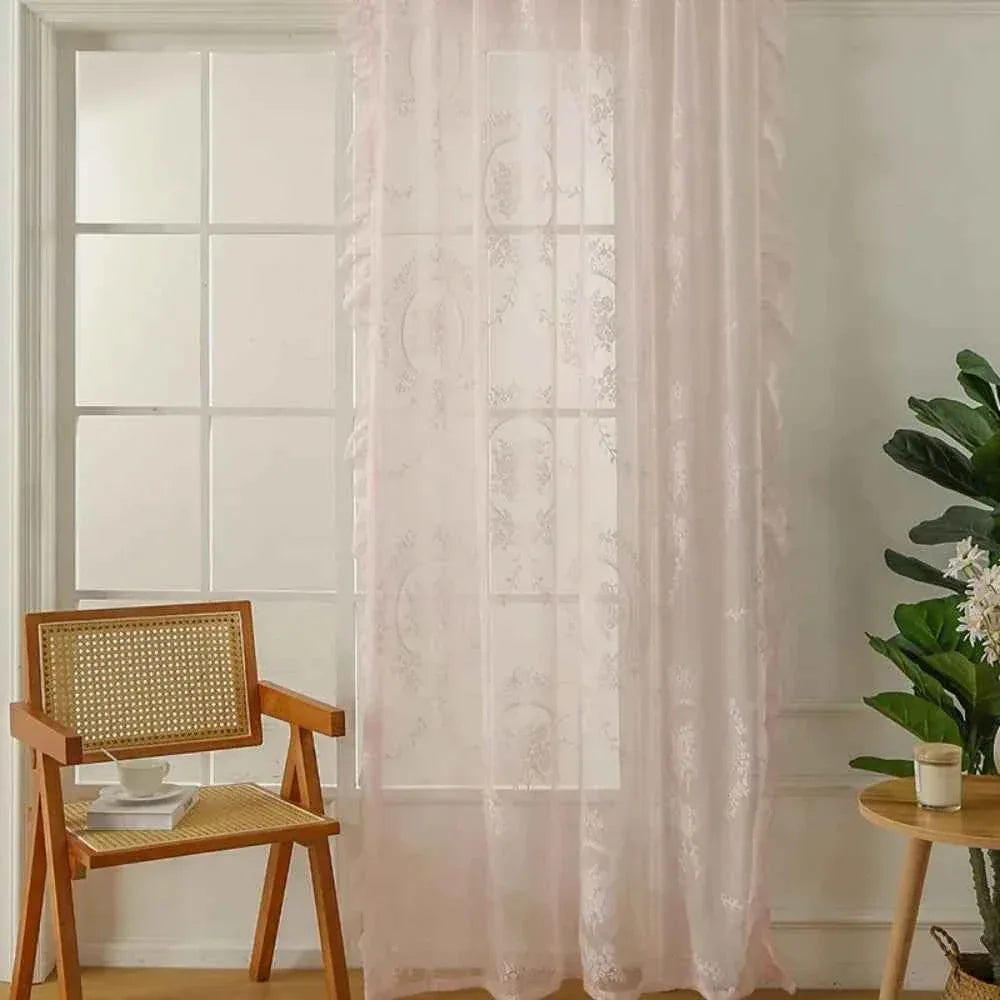 French Lace Sheer Curtains - Romantic Ruffled Floral Embroidery (2 Panels) - Shello's Creative Boutique