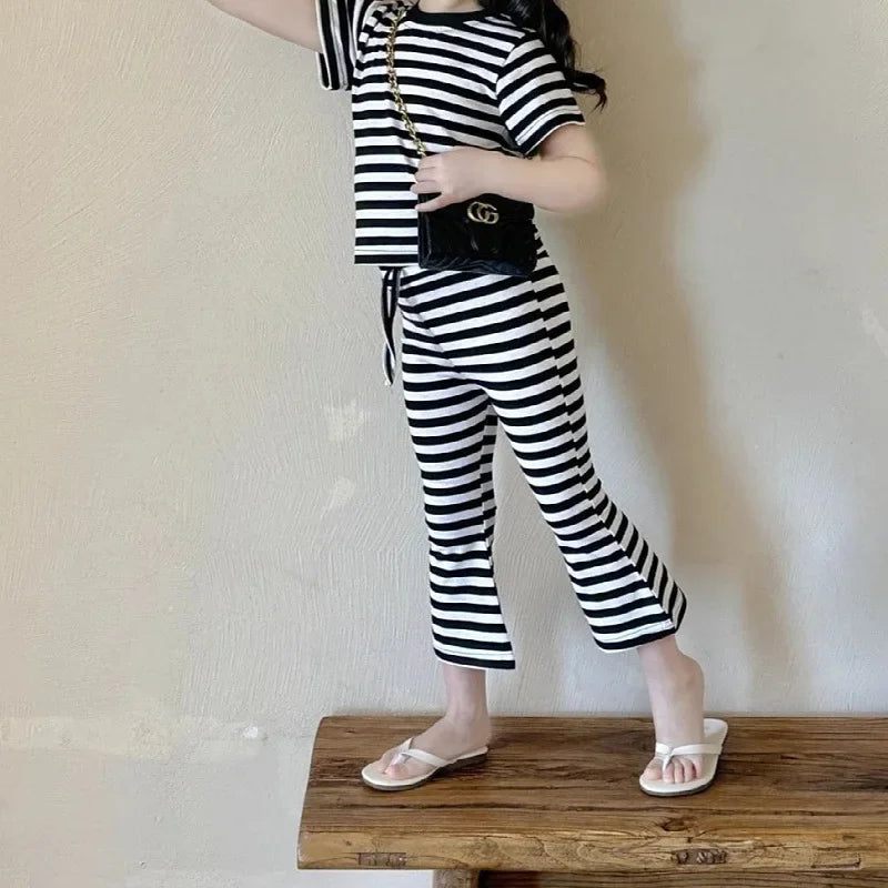 Girls’ Summer Line-Drawing 2-Piece Set – Striped Art-Inspired Tee & Wide-Leg Culottes Shello's Creative Boutique