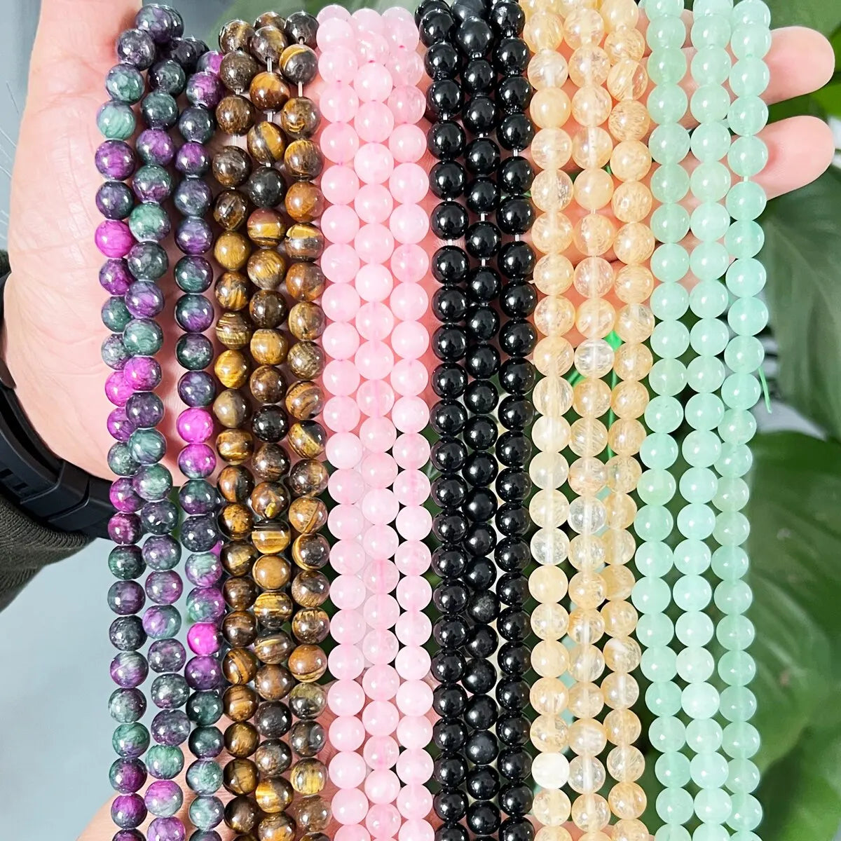 1 Strand 45pcs Natural Stone Beads – Rose Quartz, Tiger Eye, Obsidian