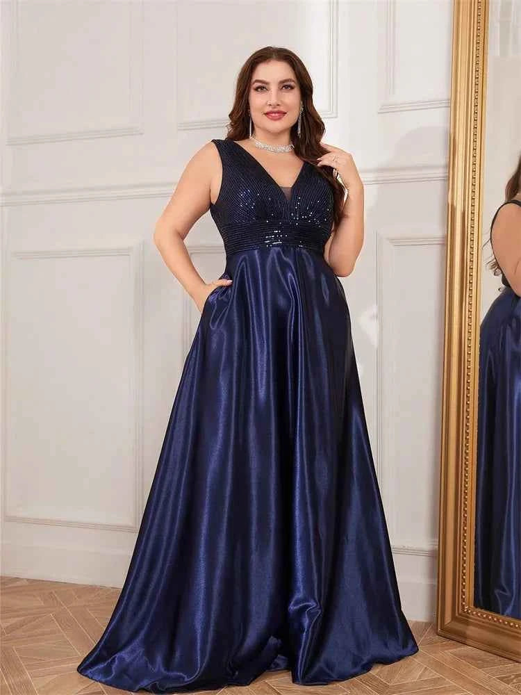 Plus Size Elegant Sequins Evening Dress For Women 2025 Deep V-neck Satin Prom Party Dress Floor Length Formal Bridesmaid Gowns