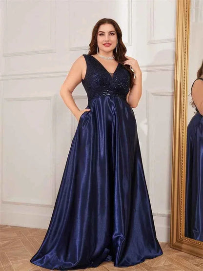 Plus Size Sequin Evening Dress - Deep V-Neck Satin Prom Gown | Floor Length - Shello's Creative Boutique