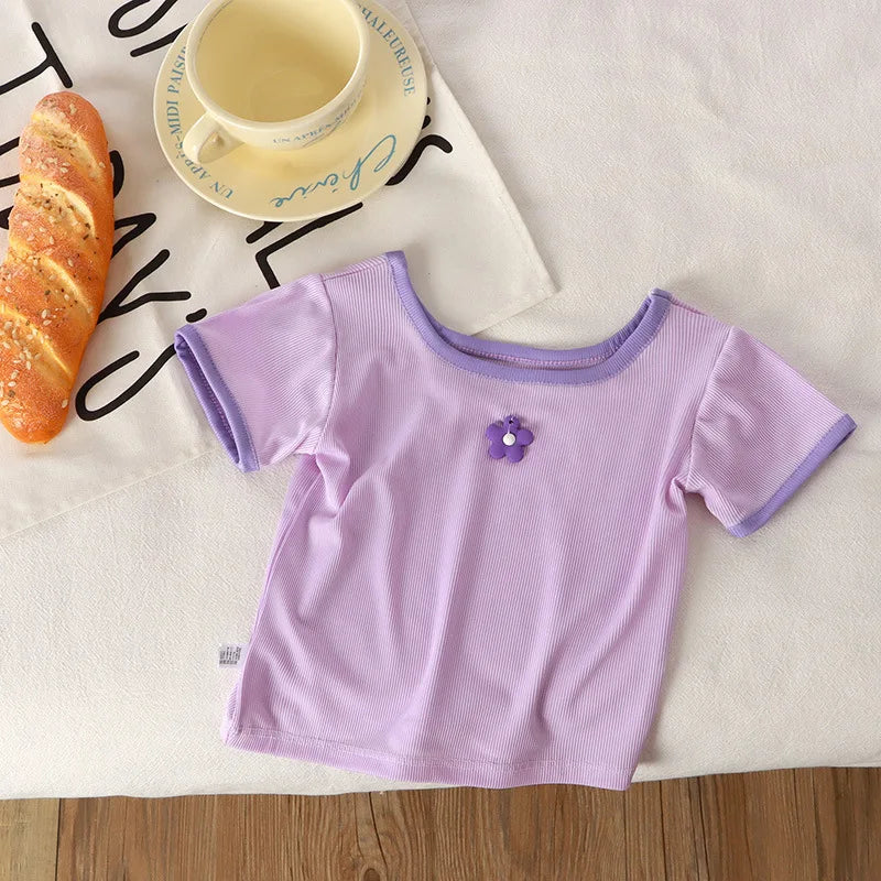 Striped Square Collar Baby Girl Summer Tee – MINISO Short Sleeve Casual Top for Ages 3M–5Y Shello's Creative Boutique