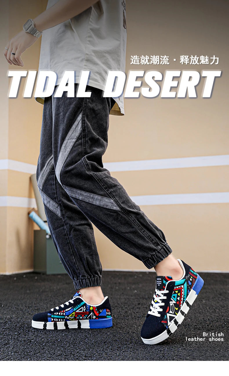 YRZL Men's Sports Running Shoes Canvas Geometric Style Lace-Up Sneakers Couples' Fashionable Graffiti Print Skate Shoes Men Shello's Creative Boutique