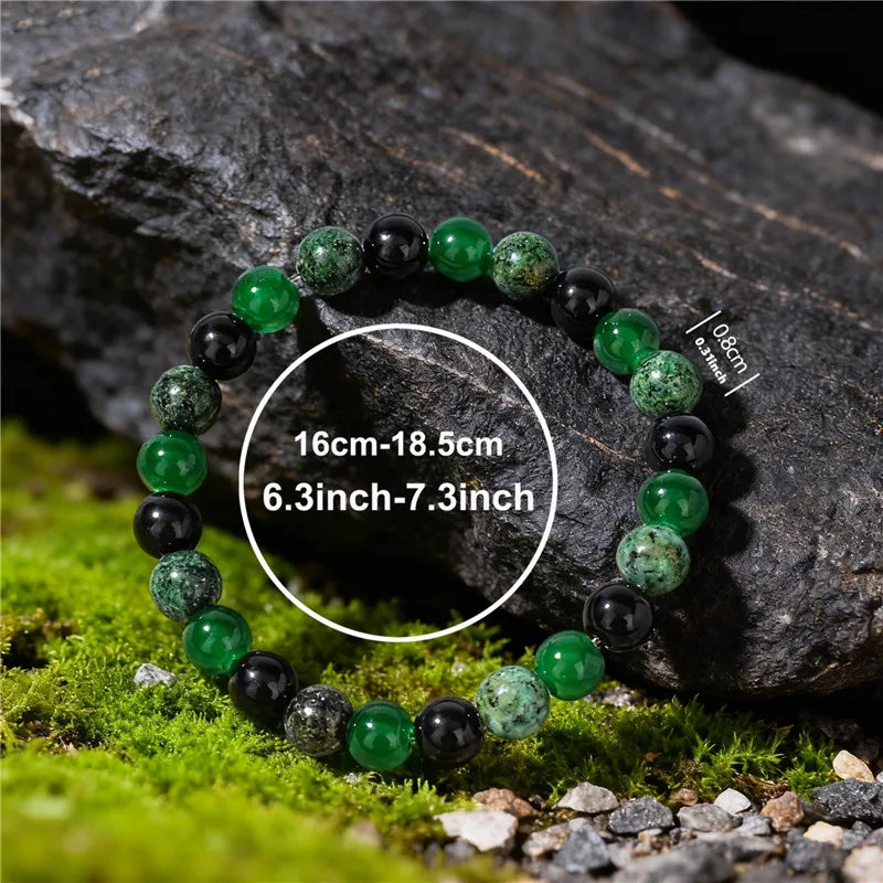 8mm Green & Black Natural Stone Beaded Bracelet – Handmade Elastic
