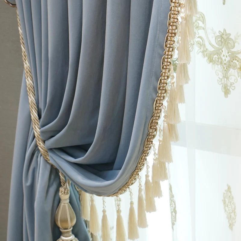 Modern European Luxury Curtains - Blue Velvet Spliced Tassel with Embroidered Tulle