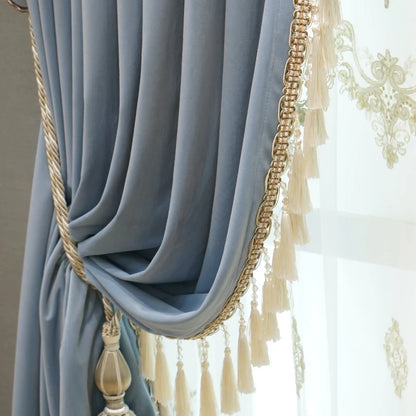 Modern European Luxury Curtains - Blue Velvet Spliced Tassel with Embroidered Tulle