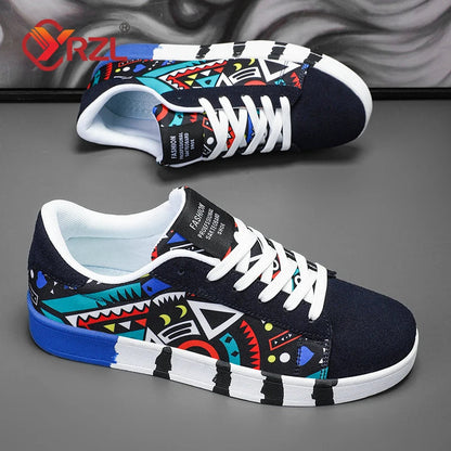 YRZL Men's Sports Running Shoes Canvas Geometric Style Lace-Up Sneakers Couples' Fashionable Graffiti Print Skate Shoes Men Shello's Creative Boutique