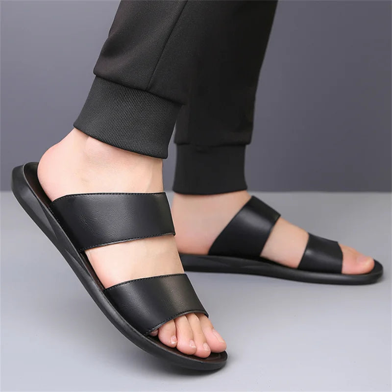 Men's Luxury Leather - Non-Slip Beach Sandals & Flat Casual Slides (Large Size 48) - Shello's Creative Boutique