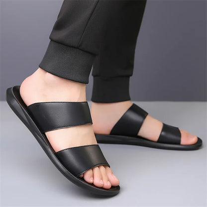 Men's Luxury Leather - Non-Slip Beach Sandals & Flat Casual Slides (Large Size 48) - Shello's Creative Boutique