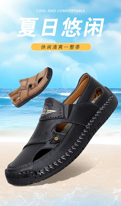 Men's Genuine Leather Beach Sandals - Breathable Hollow-Out Non-Slip Casual Slides