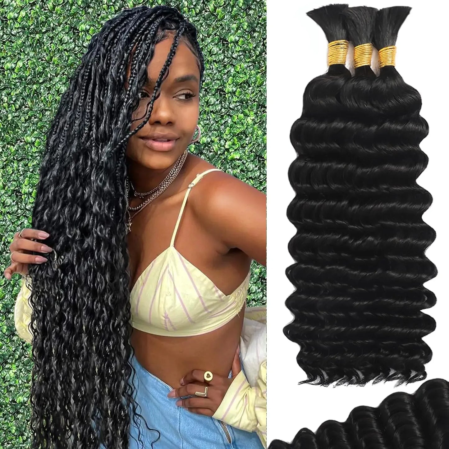 12A Human Braiding Hair #1B - Deep Wave Curly Boho Knotless Braids (50g-100g) - Shello's Creative Boutique
