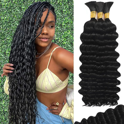 12A Human Braiding Hair #1B - Deep Wave Curly Boho Knotless Braids (50g-100g) - Shello's Creative Boutique