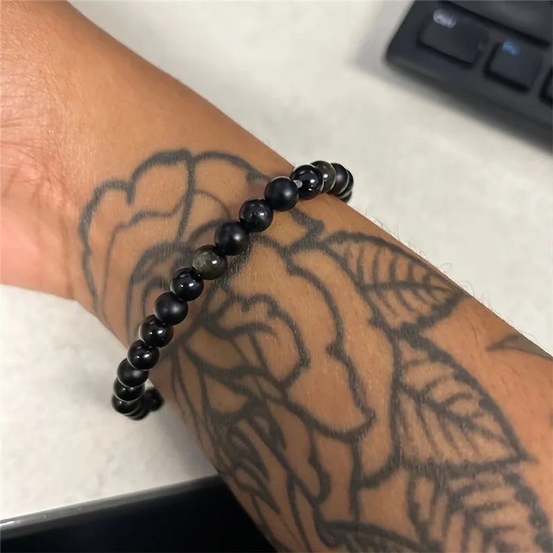 Black Natural Stone & Golden Obsidian Adjustable Bead Bracelet – Unisex Crystal Jewellery