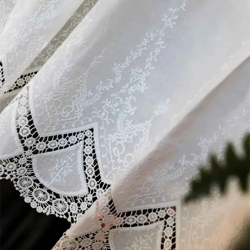 Cotton Lace Café Curtains - Hollow Flower Embroidery Half Curtains for Kitchen - Shello's Creative Boutique