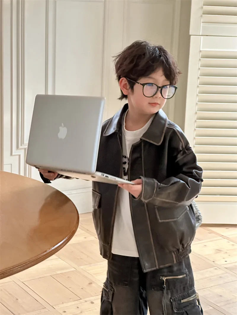 Children Clothing Fashion Casual All Match Leather Coat 2024 Fall New Boys Girls Retro Cool Jacket Solid Color Simple Coat Shello's Creative Boutique