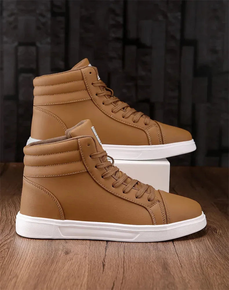 2025 Spring Fashion High-Top Sneakers - Unisex Leather Skateboarding Shoes (Red/White/Brown) - Shello's Creative Boutique