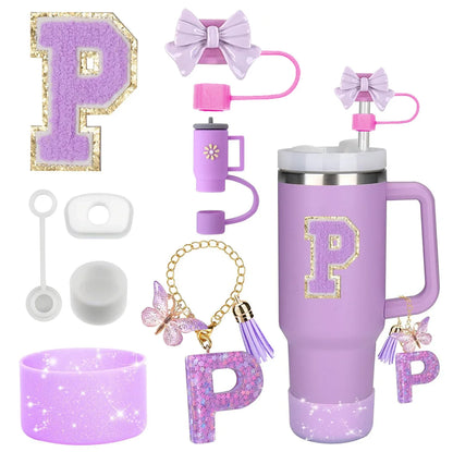 8PCS Accessories Set for Stanley Cup Purple 30oz 40oz tumbler Silicone Straw Topper Cover Cap Boot Handle Charm Initials Sticker - Shello's Creative Boutique