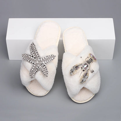 Women's Fur Slides - Fluffy Cross Strap Slippers with Starfish Lobster Decor - Shello's Creative Boutique