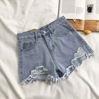 Women's Korean Denim Shorts - High Waist Ripped Y2K Streetwear Hot Pants