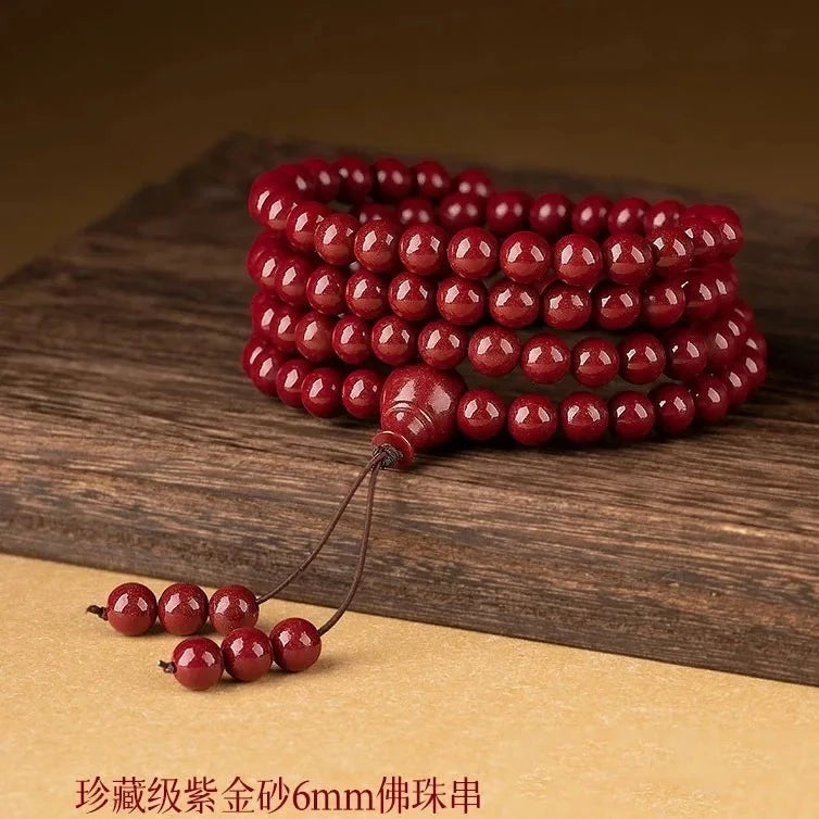 Natural Cinnabar & Red Sandalwood 108 Bead Buddhist Rosary – Lucky Prayer Bracelet