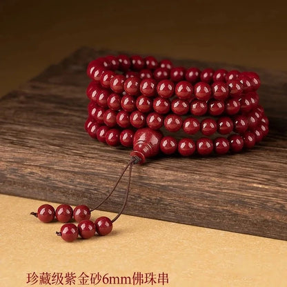Natural Cinnabar & Red Sandalwood 108 Bead Buddhist Rosary – Lucky Prayer Bracelet