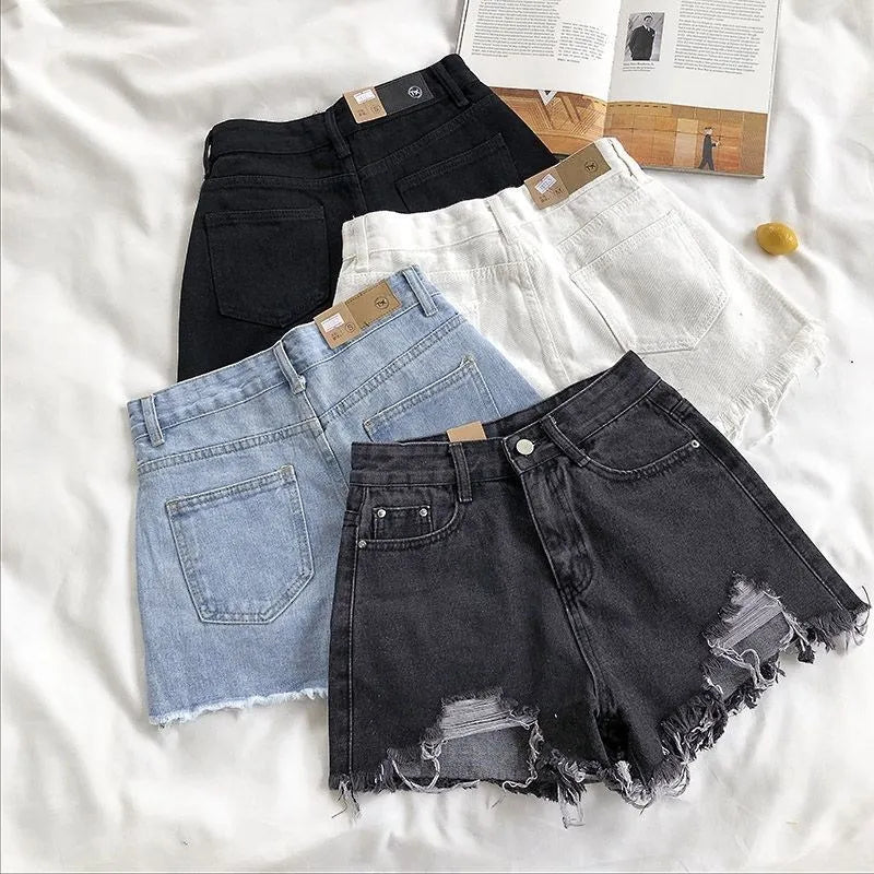 Women's Korean Denim Shorts - High Waist Ripped Y2K Streetwear Hot Pants
