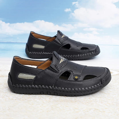 Men's Genuine Leather Beach Sandals - Breathable Hollow-Out Non-Slip Casual Slides