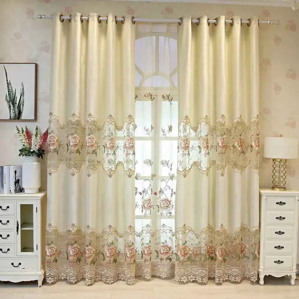 European Luxury Velvet Curtains - Embroidered Floral Tulle Blackout Drapes for Living Room