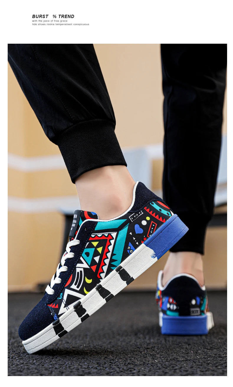 YRZL Men's Sports Running Shoes Canvas Geometric Style Lace-Up Sneakers Couples' Fashionable Graffiti Print Skate Shoes Men Shello's Creative Boutique
