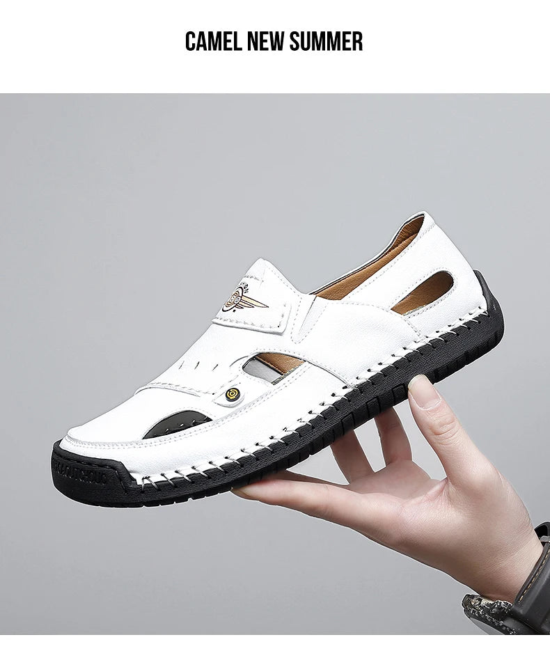Men's Genuine Leather Beach Sandals - Breathable Hollow-Out Non-Slip Casual Slides