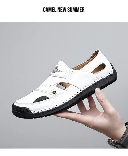 Men's Genuine Leather Beach Sandals - Breathable Hollow-Out Non-Slip Casual Slides