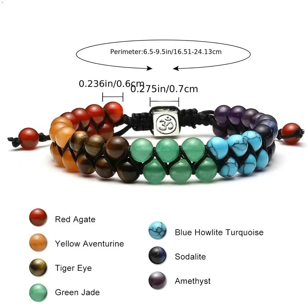 7 Chakra Multi-Layer Natural Stone Beaded Bracelet – Adjustable Woven Rope