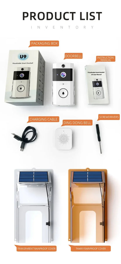 Outdoor Solar Wireless Video Doorbell with WiFi & Waterproof Cover