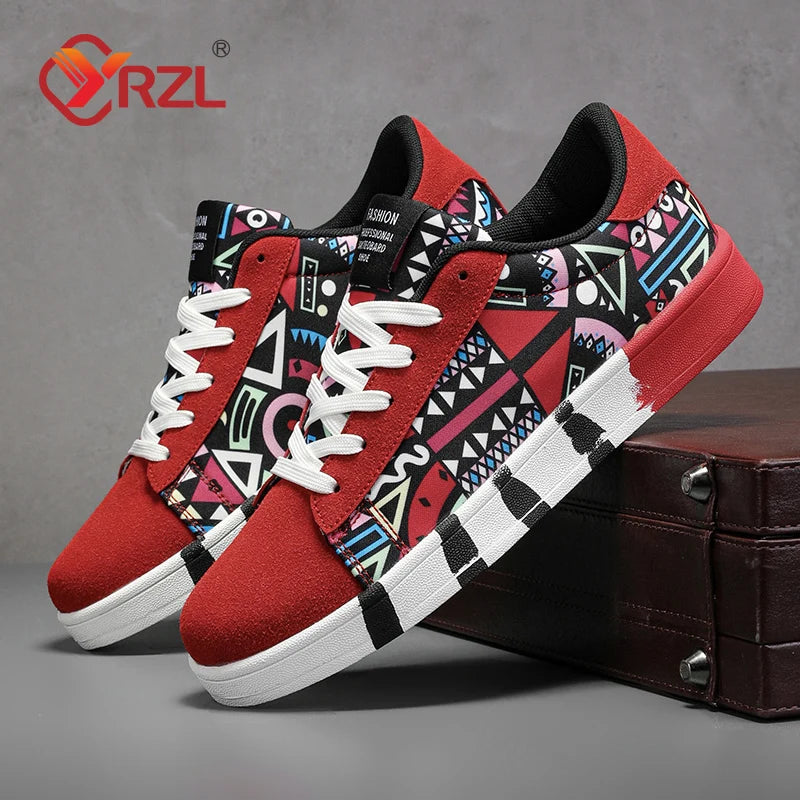 YRZL Men's Sports Running Shoes Canvas Geometric Style Lace-Up Sneakers Couples' Fashionable Graffiti Print Skate Shoes Men Shello's Creative Boutique