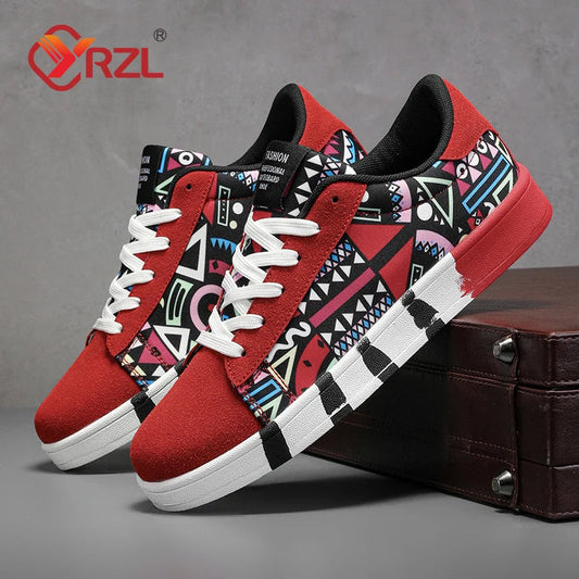 YRZL Men's Sports Running Shoes Canvas Geometric Style Lace-Up Sneakers Couples' Fashionable Graffiti Print Skate Shoes Men Shello's Creative Boutique
